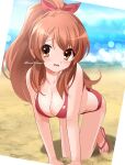  1girl all_fours alternate_hairstyle arm_support asahina_mikuru bangs bare_arms bare_legs bare_shoulders beach bikini blue_sky blurry blush bokeh breasts brown_eyes brown_hair cleavage collarbone commentary day depth_of_field eyebrows_visible_through_hair hair_ribbon highres kuuma25_kuma large_breasts long_hair mole mole_on_breast open_mouth outdoors ponytail red_bikini red_ribbon ribbon sand sandals shadow sky solo star_(symbol) suzumiya_haruhi_no_yuuutsu swimsuit twitter_username very_long_hair wavy_mouth 