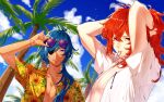  2boys absurdres alternate_costume bangs blue_eyes blue_hair blue_sky blurry blurry_background bracelet cloud commentary_request dark-skinned_male dark_skin diluc_ragnvindr eyepatch eyewear_on_head floral_print genshin_impact hair_between_eyes hair_tie_in_mouth hawaiian_shirt highres hukahire0313 jewelry kaeya_alberich looking_at_viewer mouth_hold multiple_boys necklace open_clothes open_mouth open_shirt outdoors palm_tree ponytail red_eyes scar scar_on_arm scar_on_hand shirt short_sleeves sky smile sparkle sunglasses tinted_eyewear tree tying_hair upper_body upper_teeth white_shirt yellow_shirt 