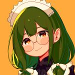  1girl bangs blush brown_eyes character_request copyright_request glasses green_hair hair_ribbon highres long_hair looking_at_viewer moai_(more_e_4km) portrait ribbon round_eyewear simple_background smile solo twintails white_ribbon yellow_background 