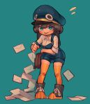  1girl absurdres aqua_background aqua_eyes bangs black_hair blue_headwear blush collared_shirt full_body grey_footwear hat highres letter long_hair looking_at_viewer moai_(more_e_4km) original over-kneehighs parted_lips shirt shoes simple_background smile solo standing thighhighs white_shirt yellow_legwear 