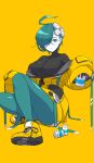  1girl aqua_eyes aqua_hair aqua_legwear breasts cleavage full_body hair_over_one_eye highres holding jacket large_breasts long_sleeves off_shoulder original pale_skin shoes simple_background sitting solo ub1mo yellow_background yellow_footwear yellow_jacket 