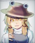  1girl blonde_hair breasts face grey_background hat light_smile looking_to_the_side medium_breasts medium_hair moriya_suwako parted_lips purple_vest ramudia_(lamyun) simple_background sleeves_past_wrists solo touhou vest yellow_eyes 