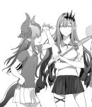  3girls asymmetrical_horns bangs breasts circlet curled_horns dragon_girl dragon_horns dragon_tail earrings elizabeth_bathory_(fate) elizabeth_bathory_(fate)_(all) fate/extra fate/grand_order fate_(series) greyscale hair_ribbon horns jewelry long_hair looking_at_viewer looking_to_the_side medium_breasts monochrome multiple_girls out_of_frame pointy_ears racket ribbon shirt short_sleeves sidelocks skirt sleeveless sleeveless_shirt small_breasts smile syatey tail tennis_racket thighs tristan_(fairy_knight)_(fate) 