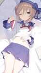  1girl alternate_costume blanc blue_eyes book brown_hair buran_buta flat_chest hair_between_eyes hat highres holding holding_book looking_at_viewer lying navel neptune_(series) on_back on_bed one_eye_closed pleated_skirt sailor_collar short_hair skirt solo 