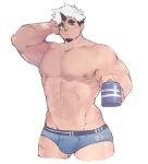  1boy abs akiha_gongen_(tokyo_houkago_summoners) alternate_skin_color bandaid bandaid_on_nose bara blue_male_underwear briefs brown_hair bulge cropped_legs cup facial_hair goatee highres holding holding_cup horns large_pectorals looking_at_viewer male_focus male_underwear mature_male multicolored_hair muscular muscular_male nipples pectorals scar_on_arm scar_on_leg short_hair sideburns single_horn solo stomach thick_thighs thighs tokyo_houkago_summoners two-tone_hair underwear underwear_only white_hair yanjirou 