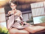  areola breast_hold kimono no_bra open_shirt sakiryo_kanna skirt_lift 