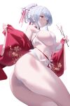  1girl ass azur_lane bangs blush branch breasts chinese_clothes choker cosplay glorious_(azur_lane) glorious_(azur_lane)_(cosplay) glorious_(pungent_plum)_(azur_lane) hair_ornament hair_stick hands_up highres kaneko_(bblogtinhan) large_breasts long_hair looking_at_viewer navel original parted_lips ponytail red_choker revealing_clothes sidelocks simple_background sleeves_past_wrists solo white_background white_hair wide_sleeves 