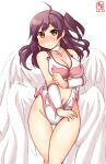  1girl alternate_costume angel_leotard angel_wings arm_warmers artist_logo ass_visible_through_thighs breasts choker collarbone cowboy_shot dated dragon_quest dragon_quest_v earrings embarrassed eyebrows_visible_through_hair hagikaze_(kancolle) hair_between_eyes highres jewelry kanon_(kurogane_knights) kantai_collection leotard long_hair looking_at_viewer medium_breasts multiple_wings navel necklace one-hour_drawing_challenge one_side_up pink_leotard print_leotard purple_hair simple_background solo white_background white_leotard wings yellow_eyes 