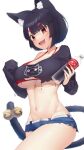  1girl :d absurdres animal_ear_fluff animal_ears azur_lane bangs bell belt bikini bikini_under_clothes black_hair black_shirt blue_shorts blunt_bangs bottle breasts cat_ears cat_girl cleavage collarbone commentary_request cowboy_shot crop_top denim denim_shorts eyebrows_visible_through_hair fang groin highres holding holding_bottle jingle_bell large_breasts long_sleeves looking_at_viewer navel off_shoulder official_alternate_costume open_mouth red_bikini red_eyes seele0907 shirt short_hair short_shorts shorts sidelocks simple_background single_bare_shoulder skin_fang sleeves_past_fingers sleeves_past_wrists smile solo standing standing_on_one_leg stomach swimsuit tail tail_bell tail_ornament torn_clothes torn_shirt torn_shorts underboob water_bottle white_background white_belt yamashiro_(azur_lane) yamashiro_(vacation_offensive!)_(azur_lane) 