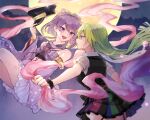  2girls alina_gray bare_shoulders black_headwear black_shirt black_wristband boyano character_request garter_straps green_eyes green_hair hat holding holding_clothes holding_hat japanese_clothes long_hair magia_record:_mahou_shoujo_madoka_magica_gaiden mahou_shoujo_madoka_magica medium_hair moon multicolored multicolored_clothes multicolored_skirt multiple_girls open_mouth puffy_short_sleeves puffy_sleeves purple_eyes purple_hair see-through_sleeves shirt short_sleeves skirt smile thighhighs 