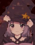  1girl adjusting_clothes adjusting_headwear black_headwear boyano closed_mouth facing_viewer hands_up happy_halloween hat long_hair looking_at_viewer magia_record:_mahou_shoujo_madoka_magica_gaiden mahou_shoujo_madoka_magica misono_karin portrait purple_eyes purple_hair solo star_(symbol) witch_hat 