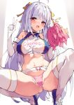  1girl ahoge azur_lane bangs belt breasts commentary_request cygnet_(azur_lane) cygnet_(royal_fanfare)_(azur_lane) elbow_gloves eyebrows_visible_through_hair gloves hair_ribbon highres large_breasts long_hair looking_at_viewer navel official_alternate_costume open_mouth panties pink_panties pom_pom_(cheerleading) red_eyes ribbon smile solo squatting sweat thighhighs unacchi_(nyusankin) underwear v whistle whistle_around_neck white_belt white_gloves white_hair white_legwear yellow_ribbon 