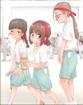  3girls black_hair blurry blurry_background braid brown_eyes brown_hair crowd glasses gym_uniform hachimaki headband highres kyaradain long_hair multiple_girls original ponytail short_ponytail short_shorts shorts sports_festival tall_female thermos twin_braids walking 