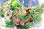  1girl anklet bangs bird bird_legs bird_tail birdrawdream black_shorts breasts brown_gloves chinese_commentary cloud commentary_request english_commentary feathered_wings feathers flying gem gloves green_eyes green_feathers green_hair green_wings harpy highres holding holding_staff jewelry long_hair mixed-language_commentary monster_girl monsterification multiple_wings open_mouth shorts sidelocks sky small_breasts solo staff tail tail_feathers talons thigh_bands underboob very_long_hair winda_priestess_of_gusto wings yu-gi-oh! 