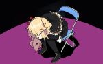  1girl akai_haato black_background blonde_hair bow chair hair_bow hair_ornament heart heart_hair_ornament highres hololive neon_genesis_evangelion on_chair parody popotocurry shadow shoes sitting solo virtual_youtuber 