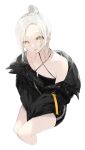  1girl big_eyes black_jacket collarbone double_bun flat_chest forehead highres jacket off_shoulder original pale_skin shoulders sogawa solo thighs tongue tongue_out white_hair yellow_eyes 