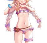  1girl artist_request ass_visible_through_thighs bare_arms bare_shoulders bikini blonde_hair blush bow braid cameltoe commentary_request cowboy_shot flat_chest frilled_bikini frills hair_bow head_out_of_frame heart heart_hands highres leg_garter little_witch_nobeta long_hair navel nobeta official_art open_mouth partially_visible_vulva pouch purple_bikini purple_bow scrunchie solo stomach sweat swimsuit twin_braids wrist_scrunchie 