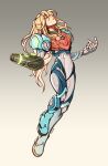  1girl arm_cannon armor bangs blonde_hair full_body glowing highres long_hair metroid metroid_dread oxcoxa ponytail power_armor samus_aran science_fiction sidelocks simple_background solo upper_body varia_suit weapon white_background 