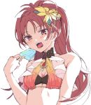  1girl bare_shoulders blush boyano breasts cleavage fangs flower food hair_flower hair_ornament hand_up long_hair looking_at_viewer magia_record:_mahou_shoujo_madoka_magica_gaiden mahou_shoujo_madoka_magica open_mouth ponytail popsicle red_eyes red_hair sakura_kyouko simple_background small_breasts solo sweat swimsuit tongue upper_body upper_teeth white_background 