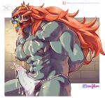  1boy abs absurdres arm_hair bara beaugilliam bulge chest_hair colored_skin cum cum_in_clothes cum_through_clothes english_text erection erection_under_clothes from_side fundoshi gagged ganondorf green_skin hairy highres japanese_clothes large_pectorals leg_hair long_hair male_focus male_pubic_hair mature_male monster_boy muscular muscular_male navel navel_hair nipple_piercing nipple_rings nipples pectorals penis penis_piercing piercing pubic_hair red_hair reward_available stomach the_legend_of_zelda the_legend_of_zelda:_ocarina_of_time thick_thighs thighs underwear underwear_only white_male_underwear 
