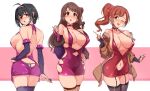  3girls :o ;d ahoge ass ass_cutout asymmetrical_bangs backless_dress backless_outfit bangs bare_shoulders between_fingers black_hair black_legwear blush bow breasts bridal_gauntlets brown_coat brown_eyes brown_hair character_request choker cleavage clothing_cutout coat collarbone commentary_request condom cowboy_shot dress ear_piercing earrings fingernails fishnet_legwear fishnets fur-trimmed_sleeves fur_trim garter_straps glint green_nails hair_bow hairband halter_dress halterneck hand_on_hip heart heart_collar heart_earrings heavy_breathing highres idolmaster idolmaster_cinderella_girls igarashi_kyoko index_finger_raised jewelry kohinata_miho large_breasts long_fingernails long_hair long_sleeves looking_at_viewer looking_back multiple_girls nail_polish navel navel_cutout o-ring_dress off_shoulder one_eye_closed one_side_up open_clothes open_coat open_mouth orange_hair piercing pink_bow pink_check_school_(idolmaster) pink_choker pink_dress purple_dress purple_hairband purple_legwear purple_nails red_dress shimamura_uzuki short_hair side_ponytail sideboob skindentation sleeveless sleeveless_dress smile strap_gap thighhighs two-tone_background twogie zettai_ryouiki 
