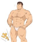  1boy abs arm_hair bara blush breath bulge chest_hair cross_scar facial_hair feet_out_of_frame forked_eyebrows fundoshi goatee japanese_clothes kengo_(tokyo_houkago_summoners) large_pectorals long_sideburns male_focus male_pubic_hair mature_male muscular muscular_male navel nipples pectorals pubic_hair shigetashigezo short_hair sideburns smile solo stomach stubble thick_eyebrows thick_thighs thighs tokyo_houkago_summoners underwear underwear_only white_background white_male_underwear 