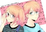  1boy 1girl absurdres bangs blonde_hair blue_eyes ears glasses head_tilt highres hoshino_aquamarine hoshino_ruby looking_at_viewer oshi_no_ko ponytail red_eyes shirt signature smile t-shirt yurigera_8959 