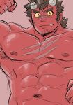  1boy abs armpit_hair bara broken_horn brown_hair colored_skin completely_nude demon_boy facial_hair fang highres horns koginoro long_sideburns looking_at_viewer male_focus mature_male muscular muscular_male navel nipples nude oni_horns orgus_(f-kare) pectorals red_skin scar scar_on_chest scar_on_face scar_on_nose short_hair shoukan_yuusha_to_f-kei_kareshi sideburns smile solo stomach stubble tied_hair upper_body 