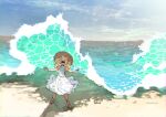  1girl artist_name beach blonde_hair clenched_hands closed_eyes commentary_request day demizu_posuka dress full_body hat long_hair open_mouth original outdoors sandals sleeveless sleeveless_dress solo sparkle straw_hat water waves white_dress 