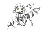  :d alternate_costume black_sclera bodysuit commentary demon_(monster_girl_encyclopedia) demon_girl demon_wings english_commentary fangs floating greyscale hair_slicked_back halloween_costume head_wings holding holding_sword holding_weapon horns looking_at_viewer low_wings monochrome monster_girl_encyclopedia open_mouth ramenwarwok simple_background smile spot_color spread_wings sword weapon white_background wings yellow_eyes 