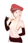  bandaid bandaid_on_face black_gloves blonde_hair braid cammy_white elbow_gloves flat_chest gloves hair_censor hair_over_breasts hat inugami_mokekiyo long_hair navel peaked_cap pinky_out simple_background solo street_fighter topless twin_braids white_background 