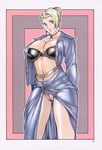  artist_request blonde_hair blue_eyes bra breasts collarbone crotch_seam curvy earrings huge_breasts jewelry lingerie lips mature_(kof) navel open_clothes open_shirt panties panties_under_pantyhose pantyhose shirt snk solo the_king_of_fighters thighs unbuttoned underwear wide_hips 