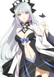  1girl blue_bow blue_eyes bow breasts butterfly_on_finger cleavage clothing_cutout fate/grand_order fate_(series) highres long_hair long_sleeves looking_at_viewer medium_breasts morgan_le_fay_(fate) navel oshage_(user_kpsn5534) parted_lips silver_hair simple_background solo spikes stomach_cutout white_background wide_sleeves 
