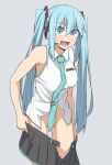  1girl aqua_(konosuba) aqua_neckwear black_skirt blue_eyes blue_hair breasts commentary_request convenient_censoring cosplay eyebrows_visible_through_hair grey_background hair_between_eyes hatsune_miku hatsune_miku_(cosplay) headset kono_subarashii_sekai_ni_shukufuku_wo! long_hair looking_at_viewer medium_breasts necktie open_mouth salpin simple_background skirt sleeveless solo teeth thighs twintails vocaloid 