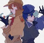  1boy 1girl akechi_gorou androgynous black_gloves blue_eyes blue_hair brown_hair cabbie_hat candy candy_cane capelet coat collared_shirt detective expressionless food gloves hair_between_eyes hat highres holding holding_food lollipop looking_at_viewer neck_ribbon persona persona_4 persona_5 red_eyes reverse_trap ribbon shenhaihua shirt sideways_glance simple_background smile swirl_lollipop upper_body white_background white_shirt 