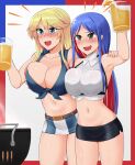  2girls adapted_costume alcohol arm_up armpits arms_around_back asymmetrical_docking bare_shoulders beer belt black_skirt blonde_hair blue_eyes blue_hair blush breast_press breast_squeeze breasts brown_eyes cleavage collarbone cowboy_shot crop_top dress_shirt eyebrows_visible_through_hair glass grill grilling groin highres impossible_clothes impossible_shirt iowa_(kancolle) kantai_collection large_breasts long_hair looking_ahead lowleg lowleg_panties midriff miniskirt multicolored_hair multiple_girls navel nikku_(nzaf5832) open_mouth panties pencil_skirt red_hair shirt shouting simple_background skirt sleeveless smile south_dakota_(kancolle) star_(symbol) striped tied_shirt two-tone_hair underwear upper_teeth white_hair white_shirt 