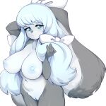  1girl absurdres animal_ears animal_nose bangs blue_eyes blue_hair body_fur bow breasts closed_mouth completely_nude eyebrows_visible_through_hair freckles furry hair_bow highres large_breasts long_hair navel nipples nude original pussy simple_background slugbox smile snout solo white_background white_bow 
