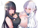  2girls bangs bare_shoulders black_hair breast_press breasts china_dress chinese_clothes cleavage cleavage_cutout clothing_cutout collared_shirt dress elf large_breasts looking_at_viewer multiple_girls okuri_banto original pointy_ears purple_eyes raised_eyebrows shirt sideboob skindentation symmetrical_docking white_hair yellow_eyes 