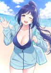  1girl ;d absurdres arhah bag beach bikini blue_bikini blue_hair blue_sky breasts cleavage cloud commentary_request day halterneck handbag high_ponytail highres hood hoodie large_breasts long_hair looking_at_viewer love_live! love_live!_sunshine!! matsuura_kanan ocean one_eye_closed open_mouth outdoors ponytail purple_eyes revision sand shore sidelocks sky smile solo swimsuit thighs water waving 