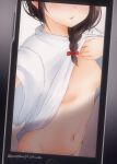  1girl areola_slip areolae bangs blush braid breasts brown_hair clothes_lift hair_ribbon head_out_of_frame kantai_collection lifted_by_self long_hair mae_(maesanpicture) mirror reflection ribbon shigure_(kancolle) shirt shirt_lift short_sleeves single_braid smile solo tongue tongue_out twitter_username white_shirt wide_sleeves 