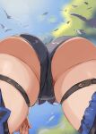  1girl ass ass_focus bird blue_hair blue_sky breasts eula_lawrence from_below genshin_impact highres mirai_hikari short_shorts shorts skindentation sky solo thigh_strap thighlet thighs 