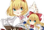  1girl :d alice_margatroid blonde_hair blue_eyes book bow capelet hair_bow hairband holding holding_book looking_at_viewer nishiki1225 open_book open_mouth puppet_strings shanghai_doll short_hair simple_background smile solo touhou upper_body white_background white_capelet 
