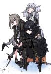  3girls android black_hair commentary_request cyborg eyepatch girls&#039;_frontline gloves highres long_hair m200_(girls&#039;_frontline) mechanical_arms mechanical_legs multiple_girls nyto_adeline_(girls&#039;_frontline) nyto_alina_(girls&#039;_frontline) paradeus pointing shoes sneakers stick white_hair zandorosouls 