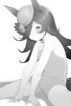  1girl animal_ears bangs bare_shoulders blush eyes_visible_through_hair flower greyscale hair_flower hair_ornament hat highres horse_ears horse_girl horse_tail long_hair looking_at_viewer looking_to_the_side messy_hair monochrome parted_lips rice_shower_(umamusume) sidelocks sitting sleeveless solo spread_legs sweat swept_bangs swimsuit tail teriibol thighs umamusume white_background 