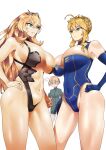  3girls absurdres ahoge artoria_pendragon_(all) artoria_pendragon_(lancer)_(fate) blonde_hair blue_eyes blue_gloves blue_leotard braid breasts character_request cleavage closed_mouth crown crown_braid elbow_gloves fate/grand_order fate_(series) gareth_(fate) gawain_(fairy_knight)_(fate) gloves green_eyes hair_between_eyes hand_on_hip highres large_breasts leotard long_hair looking_at_another monkey_jon multiple_girls navel revealing_clothes sidelocks standing thighs 