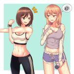  2girls absurdres black_pants brown_eyes brown_hair collar_tug detached_sleeves highres leo23 long_hair long_sleeves looking_at_another maribel_hearn midriff multiple_girls muscular muscular_female navel open_mouth orange_hair pants purple_shirt purple_shorts purple_tank_top shirt shirt_tug short_hair shorts smile speech_bubble sports_bra sportswear stomach stretch striped striped_legwear sweat sweating_profusely tank_top thermos thighs touhou track_pants two-tone_background usami_renko watch wet wristwatch yellow_eyes 