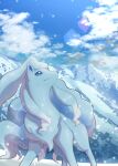  absurdres alolan_form alolan_ninetales blue_eyes closed_mouth cloud commentary_request day gen_7_pokemon highres looking_up mountain no_humans nullma outdoors pokemon pokemon_(creature) sky smile snowing solo 