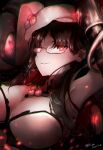  1girl abyssal_ship barnacle beret black_hair breasts cephalopod_eyes commentary dated glasses glowing glowing_eyes hat hi_ye highres kantai_collection large_breasts long_hair lunga_ocean_heavy_cruiser_princess pale_skin red_eyes signature smirk solo twitter_username 