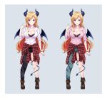 1girl :o absurdres alternate_costume asymmetrical_pants blonde_hair blush breast_tattoo breasts cleavage clothes_around_waist commentary_request demon_girl demon_horns demon_tail demon_wings eyebrows_visible_through_hair full_body green_eyes grey_background highres hololive horns large_breasts long_hair looking_at_viewer multiple_views open_clothes open_shirt pants rena_sakuma shirt shirt_around_waist smile standing tail tail_around_leg tattoo two-tone_background very_long_hair virtual_youtuber white_background winged_heart wings yuzuki_choco 