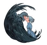  1boy 1girl bird_wings birdfrogdraws black_feathers blue_dress blush_stickers closed_eyes dress grey_hair hand_on_another&#039;s_chest highres howl_(howl_no_ugoku_shiro) howl_no_ugoku_shiro kiss looking_at_another sophie_(howl_no_ugoku_shiro) sparkle white_background wings 